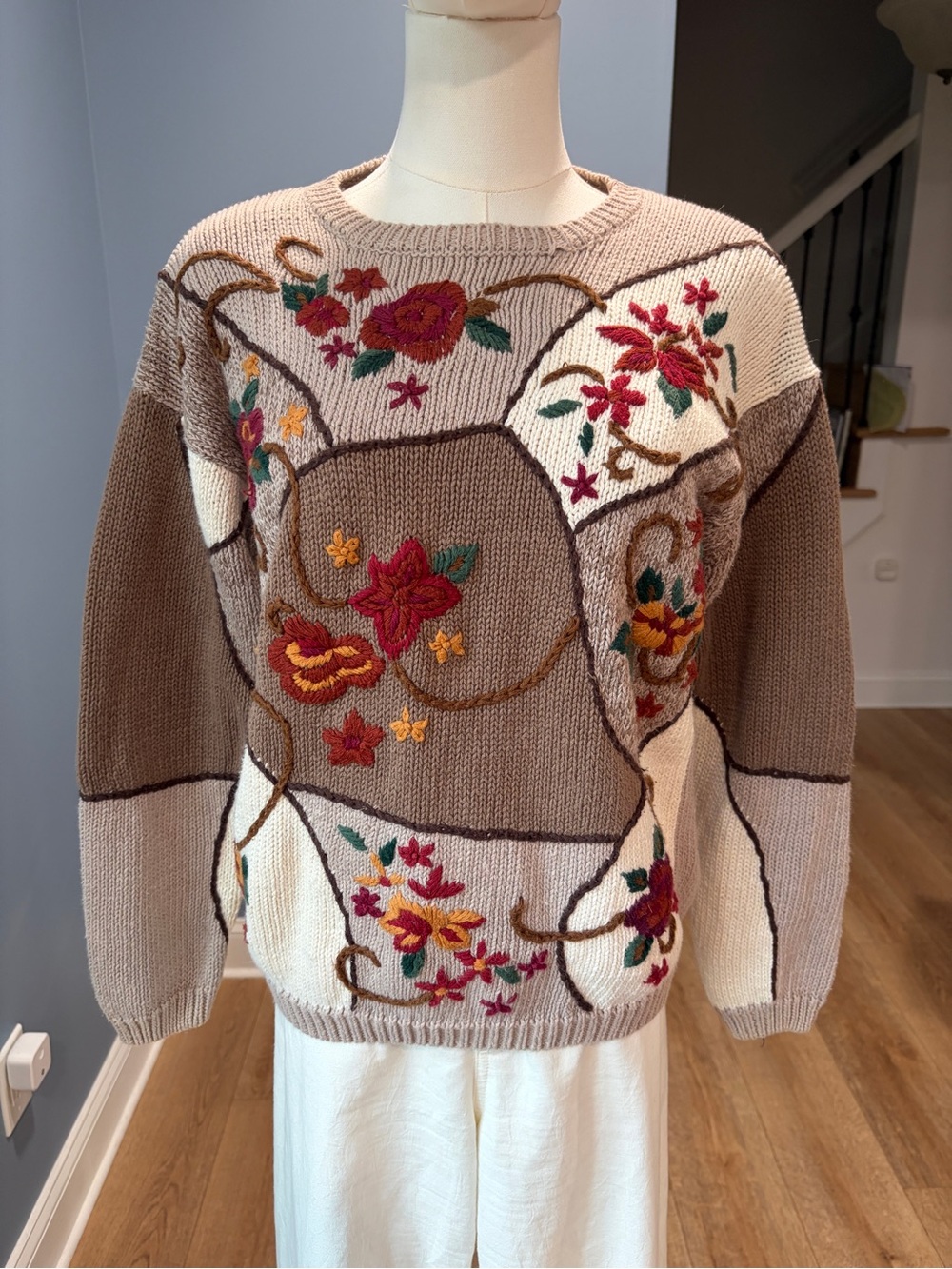Vintage Westport Ltd Floral Embroidered Colorblock Sweater Ramie Cotton Medium